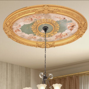 The Cherub Sky Oval Chandelier Ceiling Medallion 43"x31.5"  is a favorite sized fully assembled and intricately finished Ceiling Medallion. This Timeless Creation offers an Old-World Elegance. This finished Architectural Ceiling Medallion creates instant 3-dimensional detail to an otherwise boring plain ceiling. Also