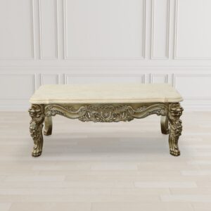 The Platine Lion Coffee Table Hand Carved Mahogany with Cream Marfil Marble Top. Hand Made and Hand Finished by the Master Carvers and Finishers of the Heritage company. A Neo-classical design boasting extensive hand carvings of Lion Masks