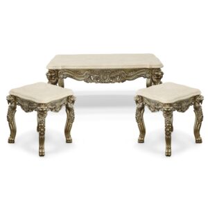 Your home really is your Castle when you decorate with this New and Exclusive Neoclassical Platine Lion Coffee Table Set of 3 Hand Carved Mahogany with Cream Marfil Marble Tops.                                        Set of 3 Incudes                                            a 51.5 Inch Long Platine Lion Coffee Table Hand Carved Mahogany with Cream Marfil Marble Top and               2 Platine Lion Side Table Hand Carved Mahogany with Cream Marfil Marble Top 26 Inch Tall                   Hand Made and Hand Finished by the Master Carvers and Finishers of the Heritage company. A Neo-classical design boasting extensive hand carvings of Lion Masks