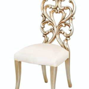 The Palace Platine Cream Side Chair is Hand Carved Mahogany. This Fashionable chair is Hand Made and Hand Finished by the Master Carvers and Finishers of the Heritage company. The Platine finish with hues of Champagne Golden Silver is equally spectacular