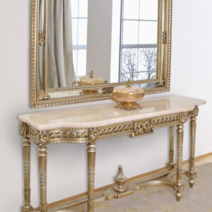 is a beautiful addition to our popular Platine Champagne Finish Collection. Measuring 47 x 58.5 Inches the mirror can be displayed both Horizontally or Vertically. Another Hand Made and Hand Finished exclusive design by the Master Carvers and Finishers of the Heritage company. A Timeless design boasting extensive hand carvings