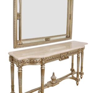 Platine Mirror and Console Hand Carved Mahogany with Cream Marfil Marble Top Set of 2