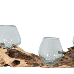 The Triple Glass Bowl on Wood from AFD Home is one of our most sought home accents and décor items currently available. Each of these items are individually unique so there may be a small variation from the item depicted. The artists start with a found piece of natural driftwood and then handblows a glass bowl that rests on top the piece of wood perfectly.