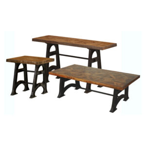A beautiful and strong Wood and Industrial Iron Mango Parquet Coffee Table Set of 3. Set of 3 Includes                                                                                            1 x 54 Inch Coffee Table and  2 x 24 Inch End Tables . The set is built using Solid Mango hardwoods in an artistic parquet design.  Naturally finished with a satin sheen that protects and enhances the wood for long term use.  The grain of the Mango  Wood offers beautiful variations of natural color with rich depth and tone. The top is mounted to an authentic Cast iron Industrial base that is heavy and stable. The base is hand cast in Iron using authentic Industrial molds.  The complete table is beautiful and the strength of its construction will offer years and years of use for even the most active of families. Sold separately this table can be ordered and used separately. Consider combining this set with the matching Wood and Industrial Iron Mango Parquet Sofa or Console table to complete your design.  Hand Made and Hand Finished in India for AFD Home. Minor Assembly Required.