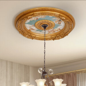 The Cherub Sky Round Chandelier Ceiling Medallion 24 Diameter is a favorite sized fully assembled and intricately finished Ceiling Medallion. This Timeless Creation offers an Old-World Elegance. This finished Architectural Ceiling Medallion creates instant 3-dimensional detail to an otherwise boring plain ceiling. Also