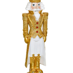 This majestic 24-inch tall figurine exudes regality and the timeless charm of holiday tales. Clad in a sparkling golden uniform with meticulously detailed embellishments