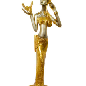 The European Elegance Golden Lady Pedestal Table is a sculptural decorative piece exuding elegance and cultural charm. The lady is dressed in traditional African attire