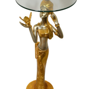 featuring a two-tone clothing with a gold finish and a bronzed gold body. She holds a bird in her hand