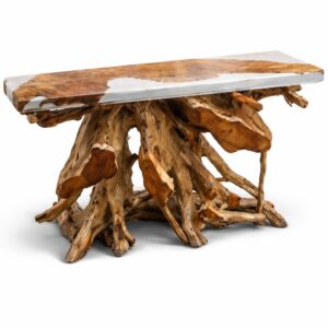 The Resin Teakroot Console White 48in from AFD Home is a stunning statement piece. Featuring a natural teak root base accented by a white resin top. Each of these items are unique and while they may be incredibly similar these bases are all natural teak roots found in the wild.