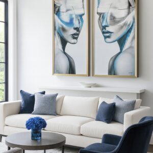 This captivating set of two modern portraits features abstract female faces rendered in striking tones of blue