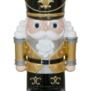 This captivating 18-inch nutcracker statue brings a luminous twist to a classic holiday sentinel with its battery-operated LED lights. Dressed in a commanding black and gold uniform