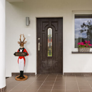 this statuette is a fusion of the animal kingdom and human refinement. A stately deer head