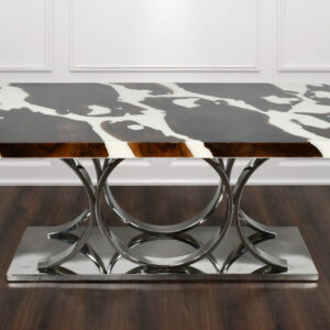 each Artistic Floating Teak Table is unique.  Natural pieces of teak wood are sealed in epoxy for a beautiful floating wood effect.  This special piece is inspired by clean contemporary designs encasing the teak in white.  The clean look of the white next to the wood is stunning.  Appropriate height to be used in the dining room