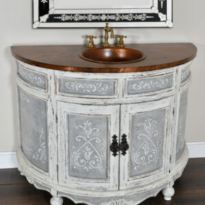 a piece that exudes charm and elegance in a beautiful distressed white finish. This 48-inch wide single-bowl vanity combines functionality with artistic craftsmanship