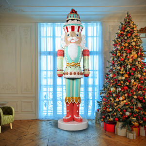 Standing 9ft tall this amazing holiday statue is for the BIG HOUSE!  Easy to assemble with a huge look and size this cool Christmas Decoration is entirely hand painted bringing the piece to life with vivid color.  Suitable for commercial purposes the Candy Cake Nutcracker is contructed in durable fiberglass that will stand the test of time.  For storage purposes the nutcracker breaks down into several smaller pieces making it easier to find space.  Go big this holiday with the 9ft Candy Cake Nutcracker.  Please note that while fiberglass will not have any issues outdoors the painted finish of the statue needs to be protected when outside.  Try to avoid direct sunlight to avoid fading or apply a clear coat sealant to seal and protect the finish