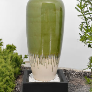 the vase fountain is weather resistant and durable while being aesthetically beautiful.  Porcelain does not allow water to pass through the surface making it easy to clean and maintain for many years of useful enjoyment.  Available in Adobe Red