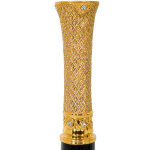 This 24-inch-tall vase is a breathtaking expression of luxury and sophistication. Adorned with a meticulous lattice of golden glamour and interspersed with glittering jewels