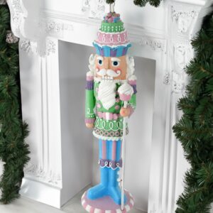featuring a brilliant pastel colored uniform adorned with blue and pink accents.  Its stern yet serene visage