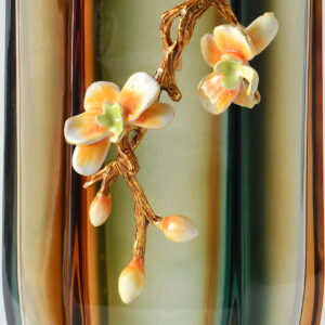 beautifully accented by hand applied floral embellishments in soft peach and ivory tones. The six sided design offers a unique sculptural form that blends seamlessly into both modern and traditional interiors. Whether used as a standalone statement piece or to showcase fresh blooms
