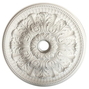Elevate your interior with the timeless elegance of the White Ornate Acanthus Round Ceiling Medallion . Featuring a sophisticated radial design of sculpted acanthus leaves and a refined beaded trim