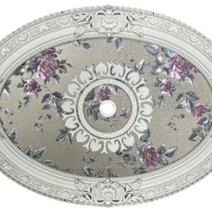 Celebrate classic elegance with the Rose Garden Estate Oval Ceiling Medallion. This stunning piece features a soft antique white baroque frame adorned with sculpted floral scrolls and shell motifs. At the heart of the medallion
