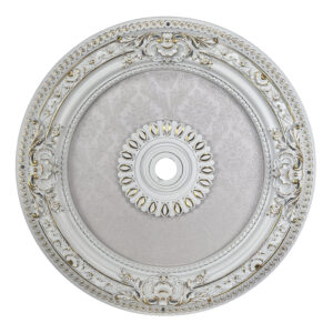 Bring regal sophistication to your ceiling with the Damask Round Ceiling Medallion. This exquisitely detailed medallion features a refined pearl damask center surrounded by an ornate frame of scrollwork and floral carvings