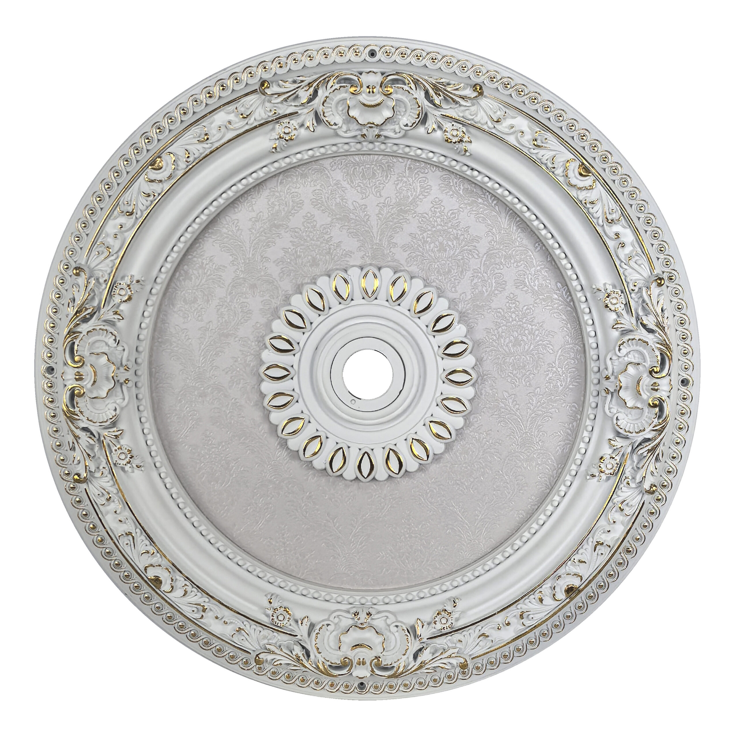 White and Gold Damask Round Ceiling Medallion 24 inch