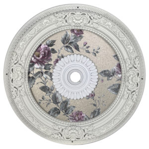 Elevate your ceiling decor with the timeless elegance of the Round Victorian Bloom Ceiling Medallion. Exquisitely crafted with a pearl white sculpted border and adorned with a vintage inspired floral motif in rich purples and silver-greys