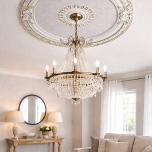 this medallion is framed by a lavish white border adorned with sculpted scrolls