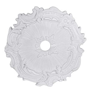 Infuse your ceiling with graceful sophistication using the Rococo Radiance Round Ceiling Medallion. This artfully sculpted medallion features an elegant scroll and leaf motif with a radiant sunburst texture emanating from the center. Finished in a classic white